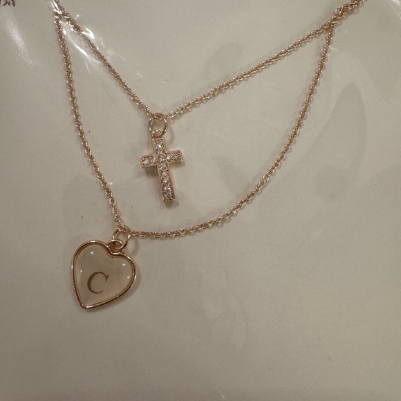 Jewelry - ☘️ NWT- Concise Royal- Layered Necklace with “C” Initial and Rhinestone Cross